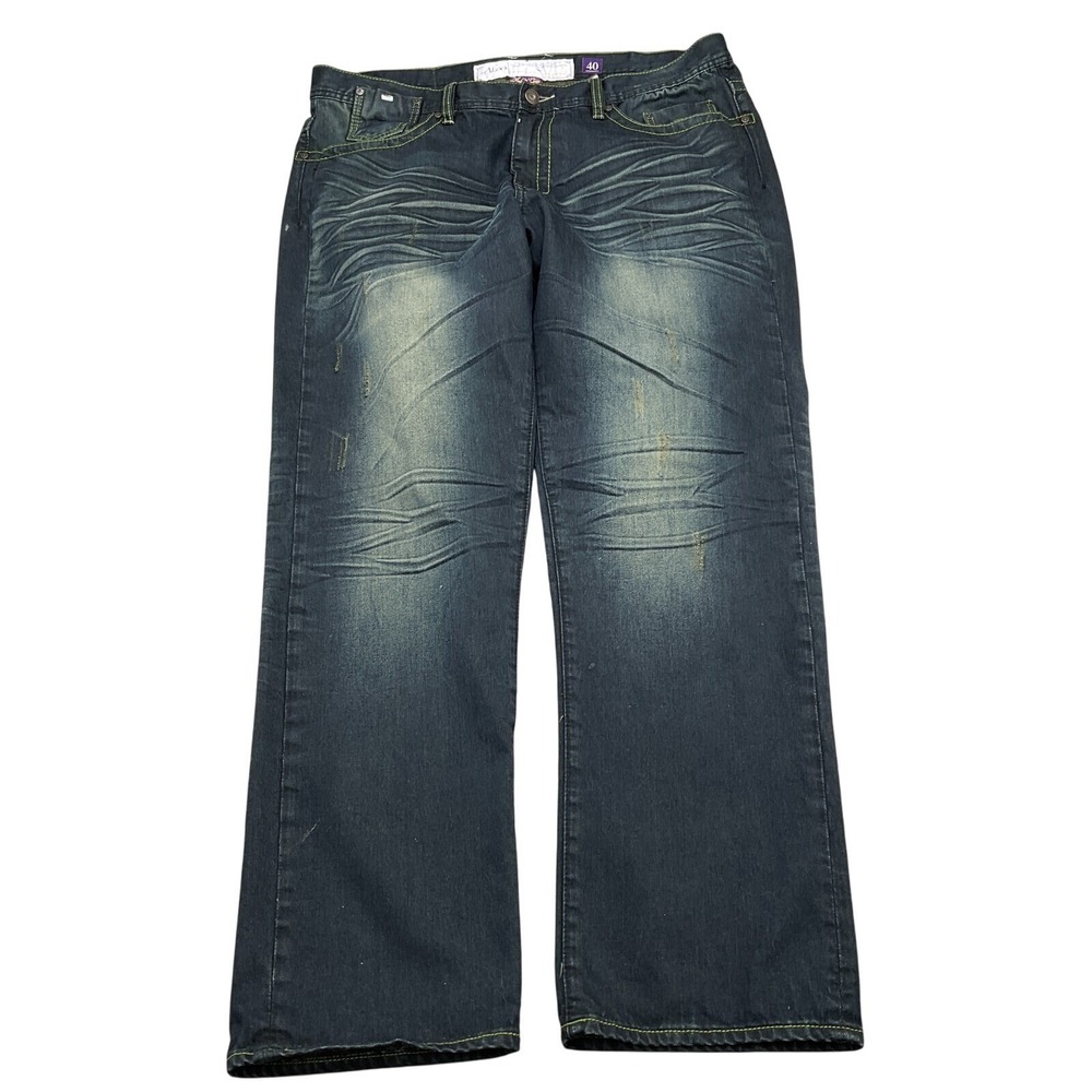 Akoo Jeans Men 40W 34L Blue Whisker Embroidery Pockets Y2K Skater Vintage Wash